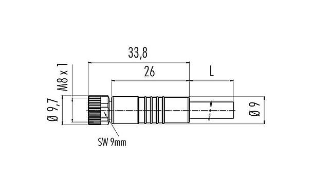 Scale drawing M8 Female cable connector, Contacts: 3, unshielded, moulded on the cable, IP67/IP69K, UL 2238, PUR, black, 3 x 0.34 mm², with LED PNP closer, 10 m