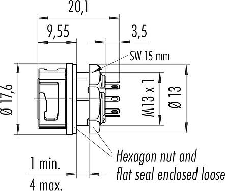 Scale drawing Bayonet Female panel mount connector, Contacts: 8, unshielded, solder, IP67, M13x1,0, Front mounting