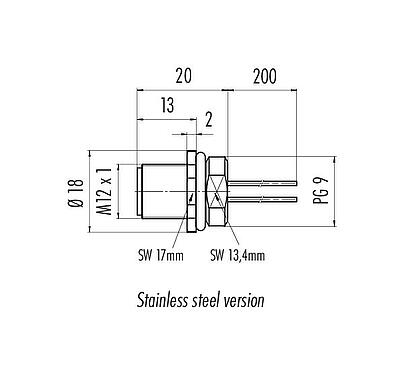 Scale drawing M12 Male panel mount connector, Contacts: 5, unshielded, single wires, IP68, UL 2238, PG 9, Front mounting, stainless steel, potted