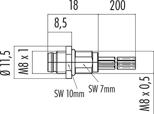 Dessin coté M8 Embase mâle, Contacts: 3, non blindé, fils, IP67/IP69K, UL 2238, M8x0,5, Montage frontal, coulé