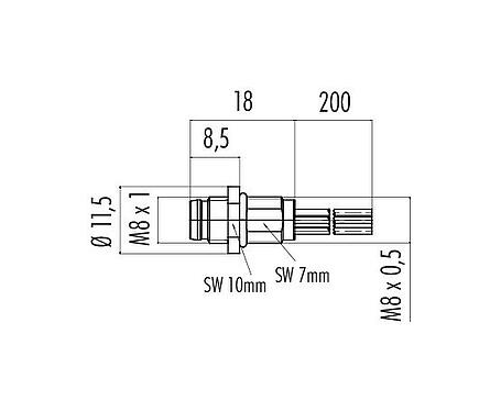 Scale drawing M8 Male panel mount connector, Contacts: 4, unshielded, single wires, IP67/IP69K, UL 2238, M8x0.5, Front mounting, potted