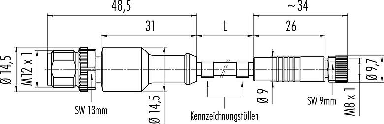 Dessin coté M12/M8 Connecteur mâle - connecteur femelle, Contacts: 3, non blindé, surmoulé sur le câble, IP67/IP69K, UL 2238, PLTC, TPE-E, jaune, 4 x AWG 22, 0,6 m