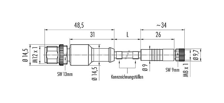 Dessin coté M12/M8 Connecteur mâle - connecteur femelle, Contacts: 3, non blindé, surmoulé sur le câble, IP67/IP69K, UL 2238, PLTC, TPE-E, jaune, 4 x AWG 22, 3 m