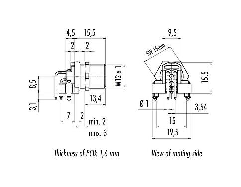Dessin coté M12 Embase mâle, coudé, Contacts: 4, non blindé, THR, IP68, UL 2238, Montage mural arrière, pour assemblage PCB, conception en deux parties