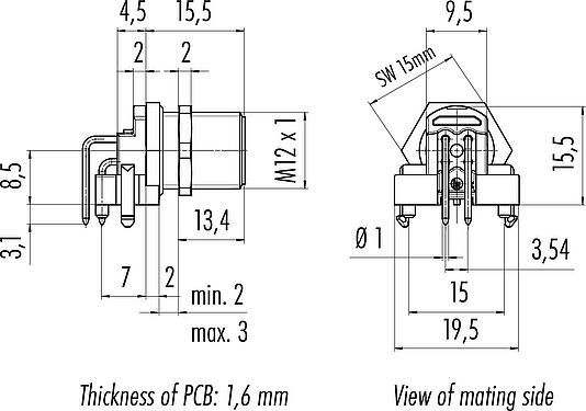 Scale drawing M12 Male angled panel mount connector, Contacts: 4, unshielded, THR, IP68, UL 2238, Rear mounting, for PCB assembly, two-part design