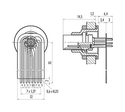 Conexión y dimensiones
M9 Enchufe de brida, Número de contactos: 7, sin blindaje, THT, IP67, M12x0,5, Montaje en pared, moldeado