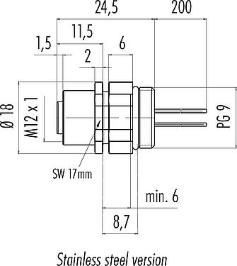 Scale drawing M12 Female panel mount connector, Contacts: 8, unshielded, single wires, IP68/IP69K, UL 2238, PG 9, Front mounting, stainless steel, positionable, potted