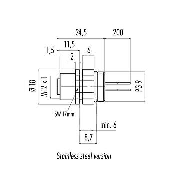 Scale drawing M12 Female panel mount connector, Contacts: 8, unshielded, single wires, IP68/IP69K, UL 2238, PG 9, Front mounting, stainless steel, positionable, potted