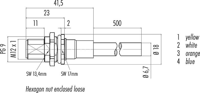 Dibujo a escala M12 Enchufe de brida, Número de contactos: 4, blindado, con cables ensamblado, IP67, UL, PG 9, Profinet, PUR, verde, 2 x 2 x AWG 22, Montaje en pared, 0,5 m