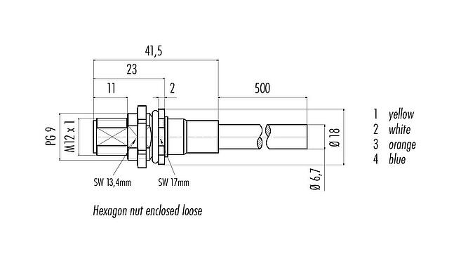 Dessin coté M12 Embase mâle, Contacts: 4, blindé, assemblés avec câble, IP67, UL, PG 9, Profinet, PUR, vert, 2 x 2 x AWG 22, Montage mural arrière, 0,5 m