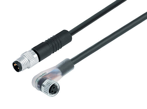 Ilustración 77 3608 3405 50003-0200 - M8/M8 Cable de conexión conector de cable macho - conector hembra en ángulo con LED, Número de contactos: 3, sin blindaje, moldeado en el cable, IP67, UL, PUR, negro, 3 x 0,34 mm², con LED PNP, 2 m
