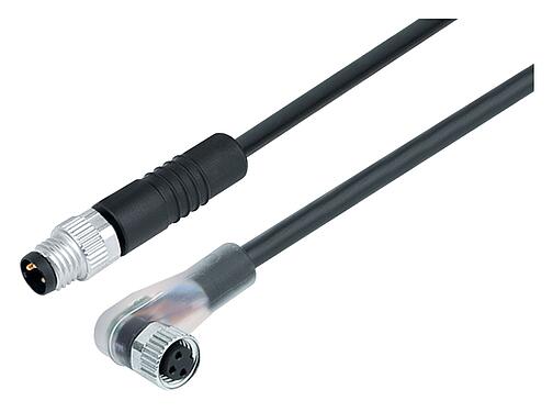 Illustration M8 Câble de raccordement connecteur mâle - connecteur femelle coudé avec LED, Contacts: 3, non blindé, surmoulé sur le câble, IP67/IP69K, UL 2238, PUR, noir, 3 x 0,34 mm², avec LED, PNP, 2 m