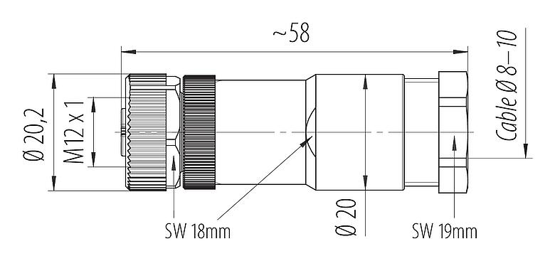 Dibujo a escala M12 Conector de cable hembra, Número de contactos: 2+PE, 8,0-10,0 mm, sin blindaje, tornillo extraíble, IP67, UL 2238