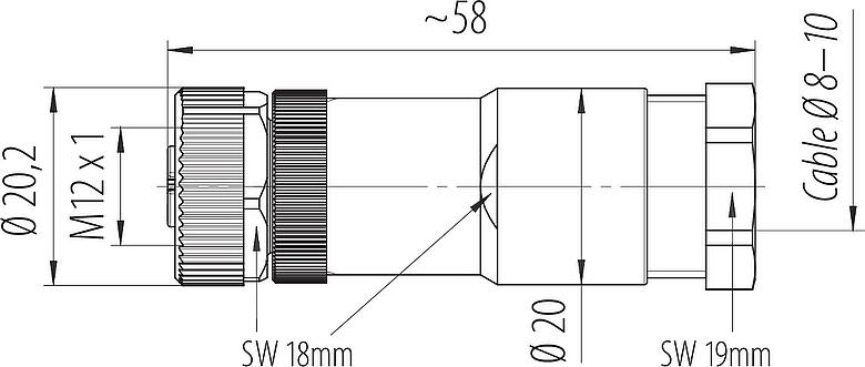 Dibujo a escala M12 Conector de cable hembra, Número de contactos: 3+PE, 8,0-10,0 mm, sin blindaje, tornillo extraíble, IP67, UL 2238, VDE
