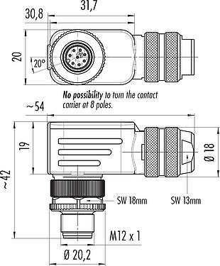 Dessin coté M12 Connecteur mâle coudé, Contacts: 8, 6,0-8,0 mm, blindable, pince à visser, IP67, UL 2238, avec anneau de protection