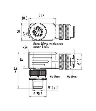 Scale drawing M12 Male angled connector, Contacts: 8, 6.0-8.0 mm, shieldable, screw clamp, IP67, UL 2238, with shielding ring