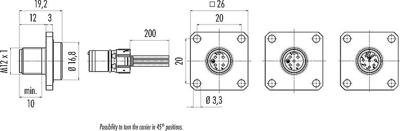 Scale drawing M12 Square male panel mount connector, Contacts: 4, unshielded, single wires, IP69k, IP68, IP67, UL 2238, M3 (4x), Front mounting, Square housing 26 mm, Positionable coding alignment