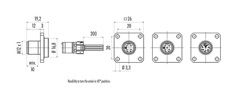 Scale drawing M12 Square male panel mount connector, Contacts: 5, unshielded, single wires, IP69k, IP68, IP67, UL 2238, M3 (4x), Front mounting, Square housing 26 mm, Positionable coding alignment