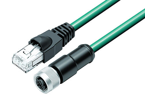 Illustration 77 9753 4530 34704-0300 - M12/RJ45 Connecting cable female cable connector - RJ45 connector, Contacts: 4, shielded, molded/crimp, IP67, Ethernet CAT5e, TPE, blue/green, 2 x 2 x AWG 24, 3 m