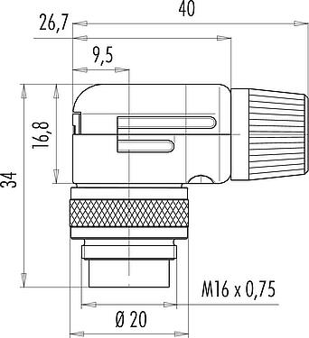 Dessin coté M16 Connecteur mâle coudé, Contacts: 7 (07-a), 4,0-6,0 mm, blindable, souder, IP40