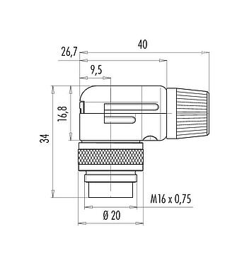 Dessin coté M16 Connecteur mâle coudé, Contacts: 6 (06-a), 6,0-8,0 mm, blindable, souder, IP40