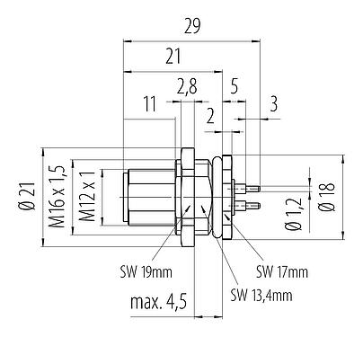 Dibujo a escala M12 Enchufe de brida, Número de contactos: 4, sin blindaje, THT, IP68, UL 2238, M16x1,5, Montaje en pared