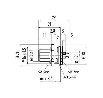 Scale drawing 09 0631 90 04 - M12 Male panel mount connector, Contacts: 4, unshielded, THT, IP68, UL, VDE, M16x1.5, front fastened