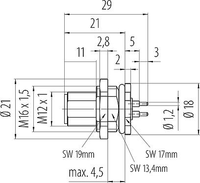 Dibujo a escala M12 Enchufe de brida, Número de contactos: 4, sin blindaje, THT, IP68, UL 2238, M16x1,5, Montaje en pared