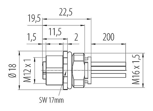 Dessin coté M12 Embase femelle, Contacts: 5, non blindé, fils, IP68, UL 2238, M16x1,5, Montage frontal