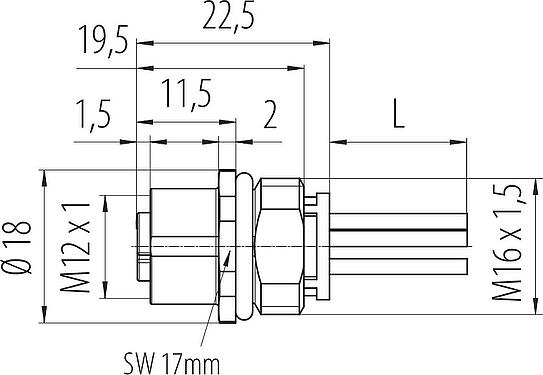 Dibujo a escala M12 Toma de brida, Número de contactos: 4, sin blindaje, hilos, IP68, UL 2238, M16x1,5, Montaje frontal
