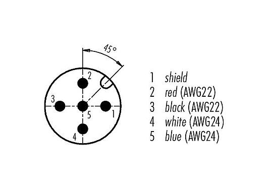 Disposición de los contactos (lado de la conexión) 77 2527 0000 50705-0500 - M12 Conector macho en ángulo, Número de contactos: 5, blindado, moldeado en el cable, IP67, UL, CAN-Bus, PUR, morado, 1 x 2 x AWG 22 + 1 x 2 x AWG 24, 5 m