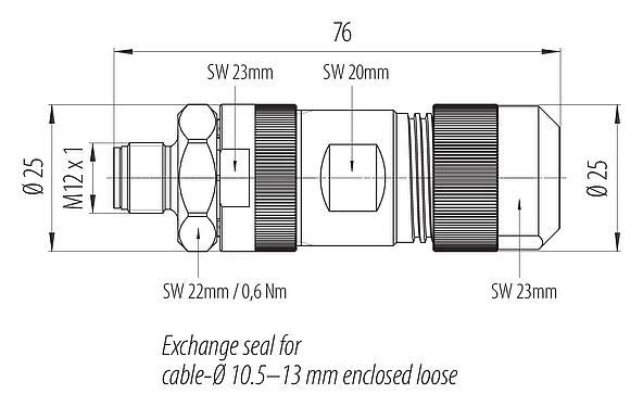 Scale drawing M12 Male cable connector, Contacts: 5, 8.0-13.0 mm, unshielded, screw clamp, IP67, M12x1.0, stainless steel