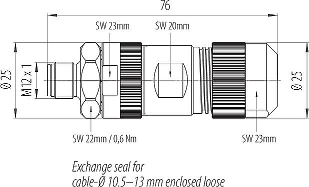 Dessin coté M12 Connecteur mâle, Contacts: 5, 8,0-13,0 mm, non blindé, pince à visser, IP67, M12x1,0, Acier inoxydable