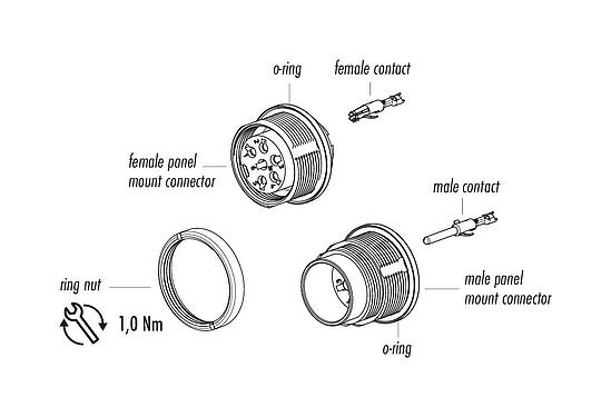 Component part drawing M16 Male panel mount connector, Contacts: 6 (06-a), unshielded, crimping (Crimp contacts must be ordered separately), IP67, UL 2238, M18x0,75, Rear mounting