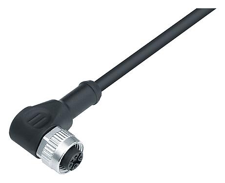 Ilustración M12 Conector hembra en ángulo, Número de contactos: 4, sin blindaje, moldeado en el cable, IP68/IP69K, UL 2238, PUR, negro, 4 x 0,34 mm², 5 m