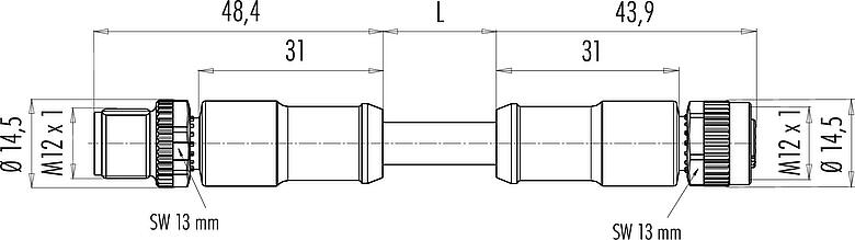 Dessin coté M12 Connecteur mâle - connecteur femelle, Contacts: 5, blindé, surmoulé sur le câble, IP68, UL 2238, CAN-Bus, PUR, violet, 1 x 2 x AWG 22 + 1 x 2 x AWG 24, 5 m