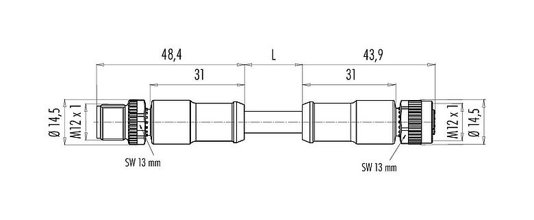 Dibujo a escala M12 Conector de cable macho - conector de cable hembra, Número de contactos: 5, blindado, moldeado en el cable, IP68, UL 2238, CAN-Bus, PUR, morado, 1 x 2 x AWG 22 + 1 x 2 x AWG 24, 1 m