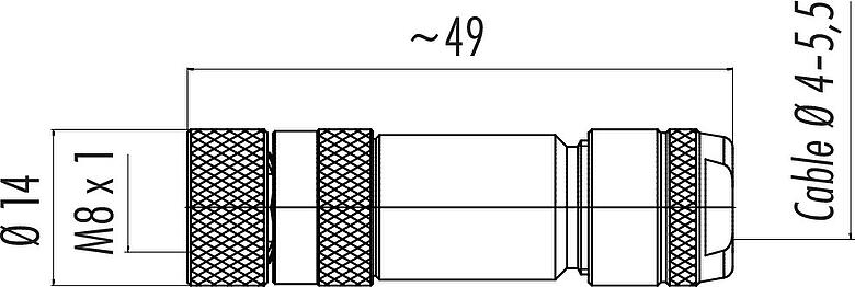Scale drawing M8 Female cable connector, Contacts: 4, 4.0-5.5 mm, shieldable, screw clamp, IP67, UL 2238, iris spring