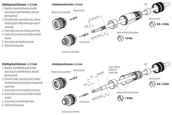 Instructions de montage M12 Connecteur femelle, Contacts: 4, 5,0-8,0 mm, blindable, sertir (Les contacts à sertir doivent être commandés séparément), IP67, UL 2238