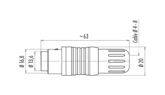 Dibujo a escala Push Pull Conector de cable hembra, Número de contactos: 5, 4,0-8,0 mm, blindable, soldadura, IP67