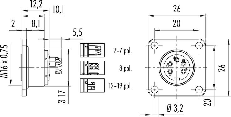 Scale drawing M16 Square female panel mount connector, Contacts: 3 (03-a), unshielded, solder, IP67, UL 2238, M3 (4x), Front mounting