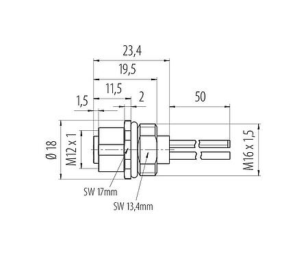 Scale drawing M12 Female panel mount connector, Contacts: 4, unshielded, single wires, IP68, UL 2238, VDE, M16x1.5