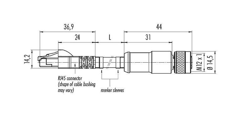 Dessin coté M12/RJ45 Câble de raccordement connecteur femelle - connecteur RJ45, Contacts: 4, blindé, moulé/sertissage, IP67, UL, Profinet/Ethernet CAT5e, PUR, vert, 4 x AWG 22, 3 m