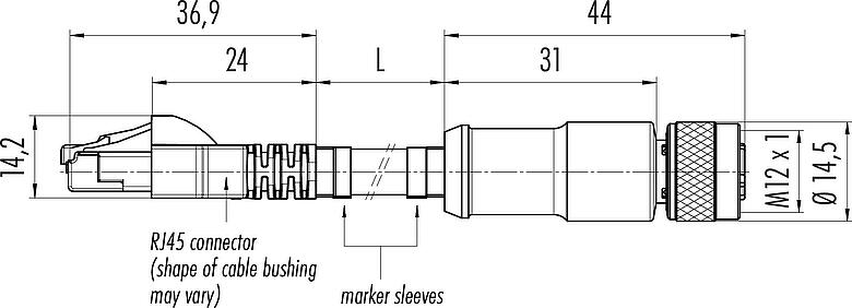 Scale drawing M12/RJ45 Connecting cable female cable connector - RJ45 connector, Contacts: 4, shielded, molded/crimp, IP67, UL, Profinet/Ethernet CAT5e, PUR, green, 4 x AWG 22, 2 m
