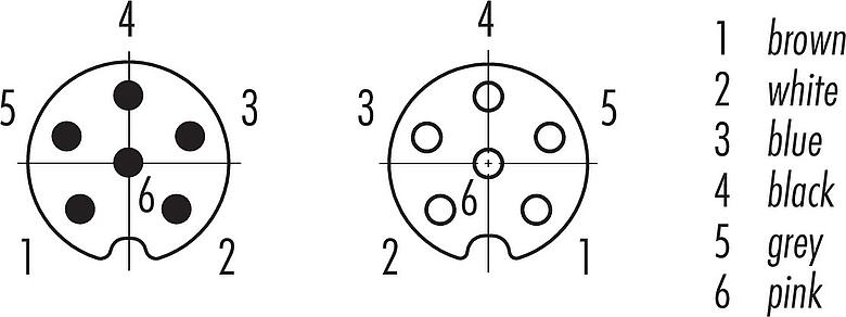 Disposition des contacts (Côté plug-in) M8 Câble de raccordement connecteur mâle - connecteur femelle, Contacts: 6, non blindé, surmoulé sur le câble, IP67/IP69K, UL 2238, PUR, noir, 6 x 0,25 mm², 1 m