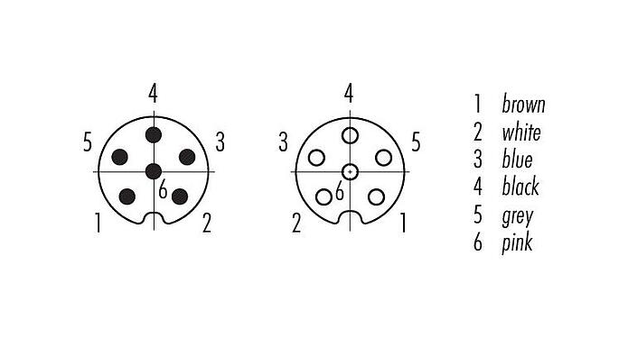 Contact arrangement (Plug-in side) M8 Connecting cable male cable connector - female cable connector, Contacts: 6, unshielded, moulded on the cable, IP67/IP69K, UL 2238, PUR, black, 6 x 0.25 mm², 1 m