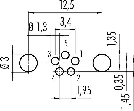 Conductor layout M8 Male panel mount connector, Contacts: 5, shieldable, THT, IP67, UL 2238, M8x1.0, Rear mounting, potted