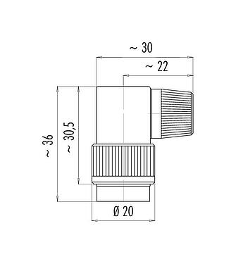Dibujo a escala Bayoneta Conector hembra en ángulo, Número de contactos: 8, 4,0-6,0 mm, sin blindaje, soldadura, IP40