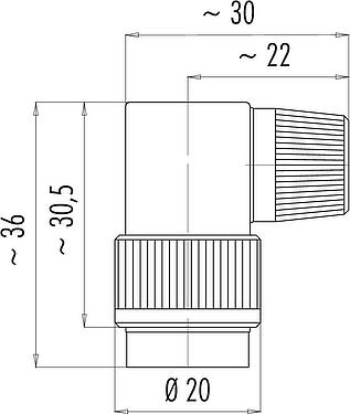 Scale drawing Bayonet Female angled connector, Contacts: 4, 4.0-6.0 mm, unshielded, solder, IP40