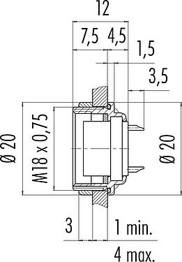 Scale drawing M16 Female panel mount connector, Contacts: 24, unshielded, solder, IP67, UL 2238, M18x0,75, Rear mounting